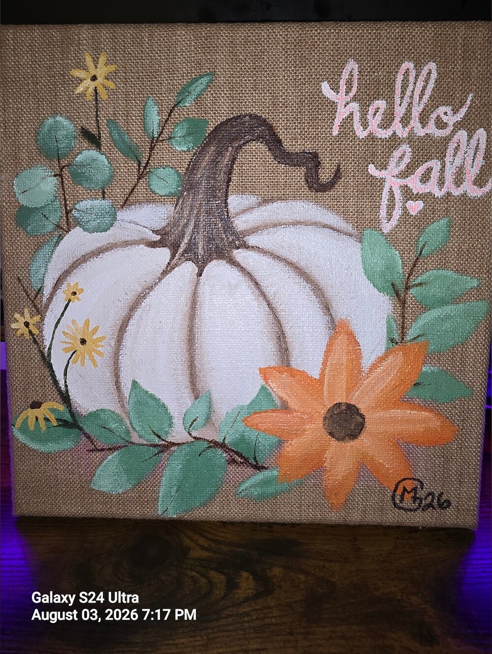 Original Hand Painted White Pumpkin Fall Burlap Canvas Sign Art By Myckenzie G